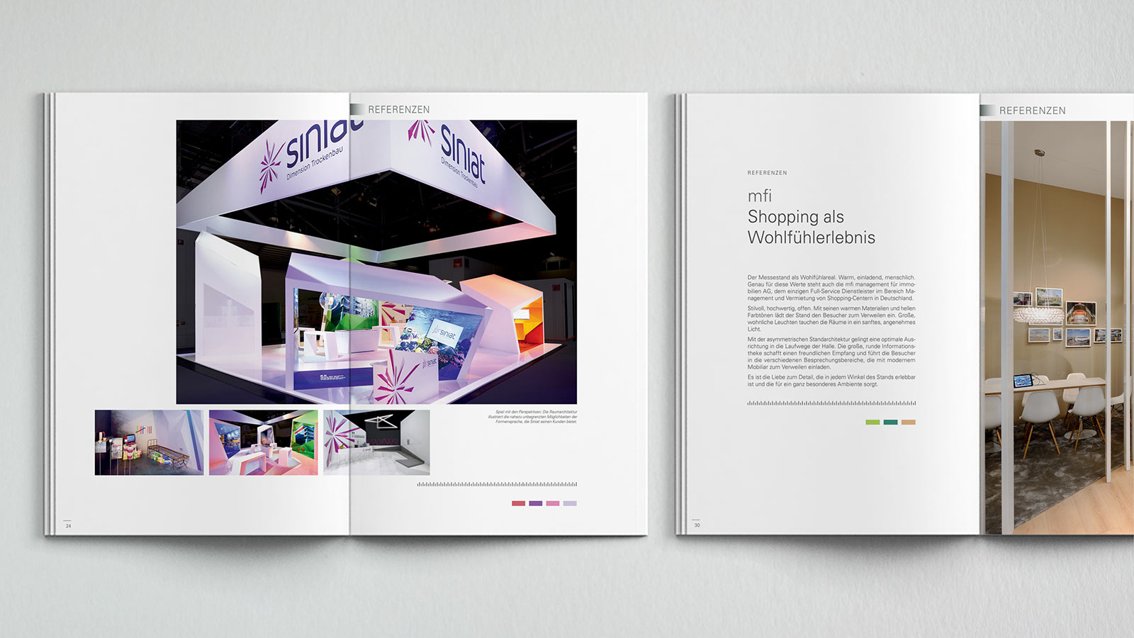 Minimalistisches modernes Design einer Imagebroschüre für Meplan Design Tochter der Messe München